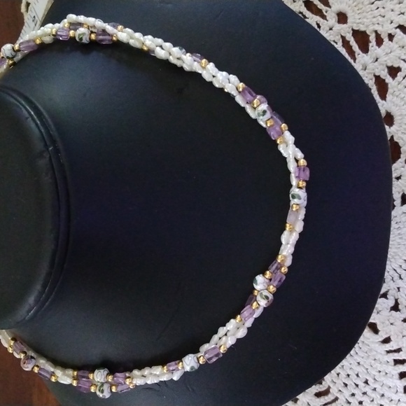 Jewelry - VINTAGE 3 STRAND BIWA PEARLS, AMETHYST, CLOISSONE BEADS ACCENTED WITH GOLD TONE